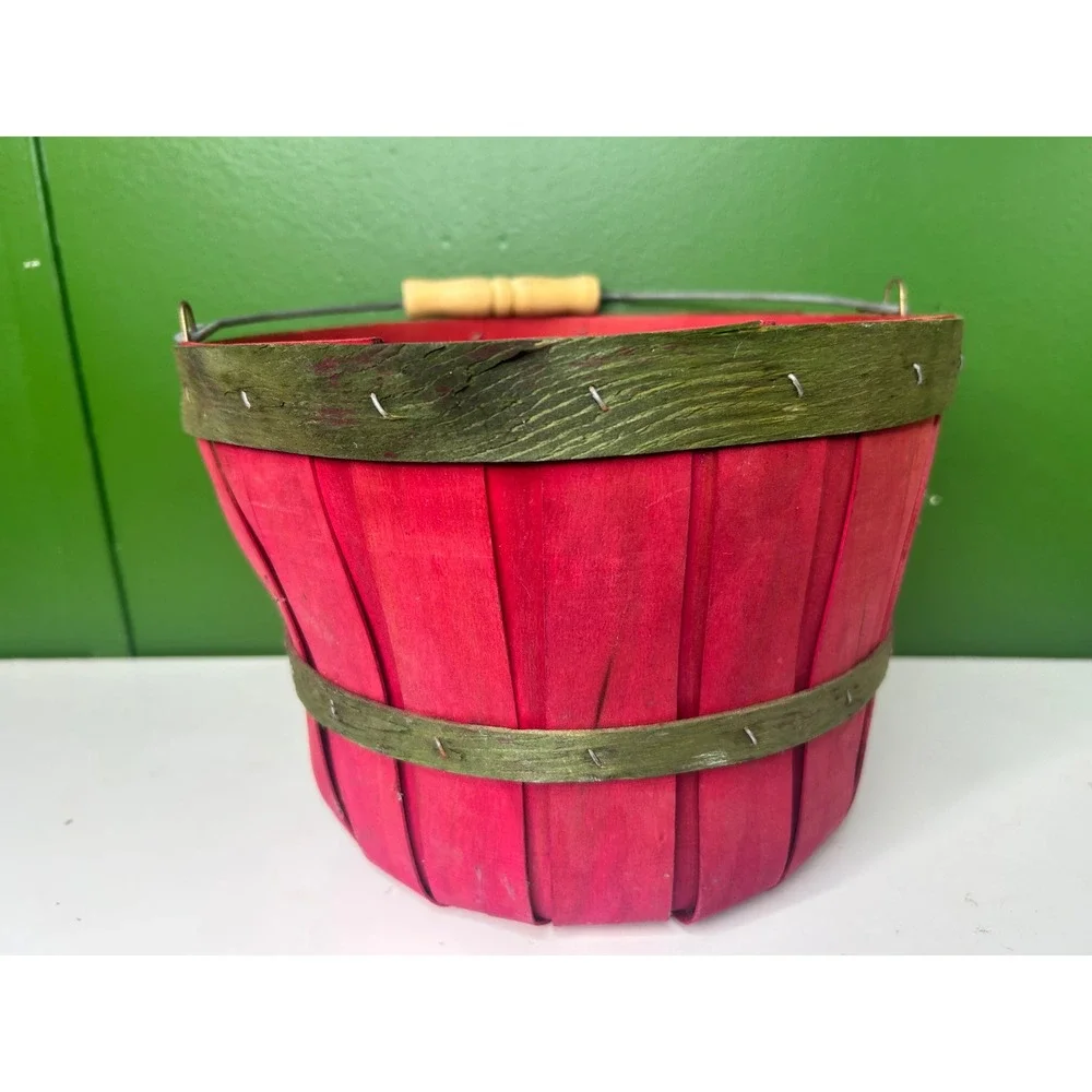 Vintage Red and Green Woven Wood Bushel Basket with Wire Handle Farmhouse Decor